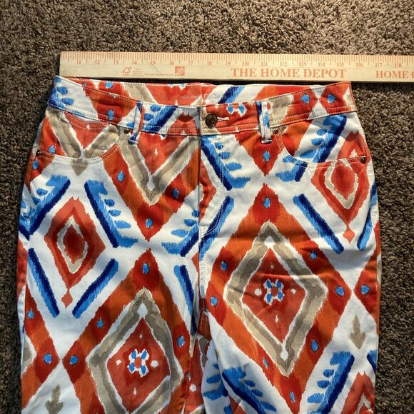 Platinum By Chicos White & Orange Blue Stretch Tribal Crop Jeans Pants Size 1 - Picture 5 of 7